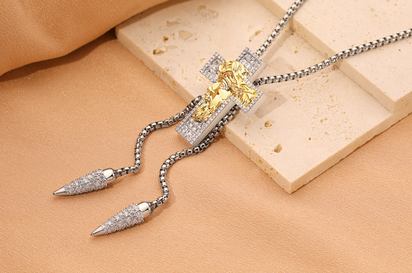 White Gold Baguette Crucifix Cross Bolo Tie Necklace