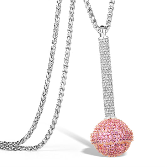Iced Out 3D Lollipop Pendant Necklace - Cubic Zirconia Candy Charm