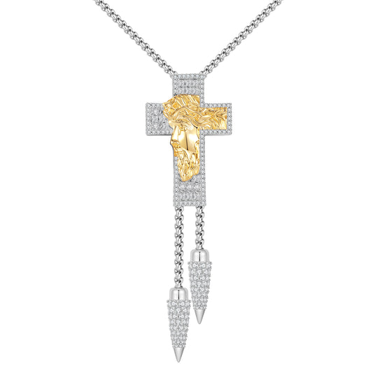 White Gold Baguette Crucifix Cross Bolo Tie Necklace