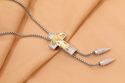 White Gold Baguette Crucifix Cross Bolo Tie Necklace