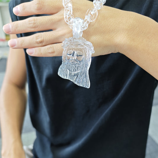 Large Transparent Acrylic Jesus Piece Portrait Pendant Necklace