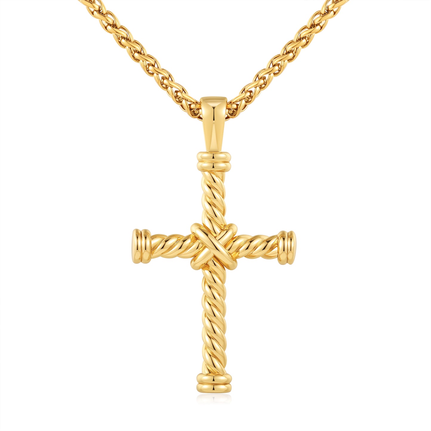 Yellow gold plated rope cross pendant with 3mm chain