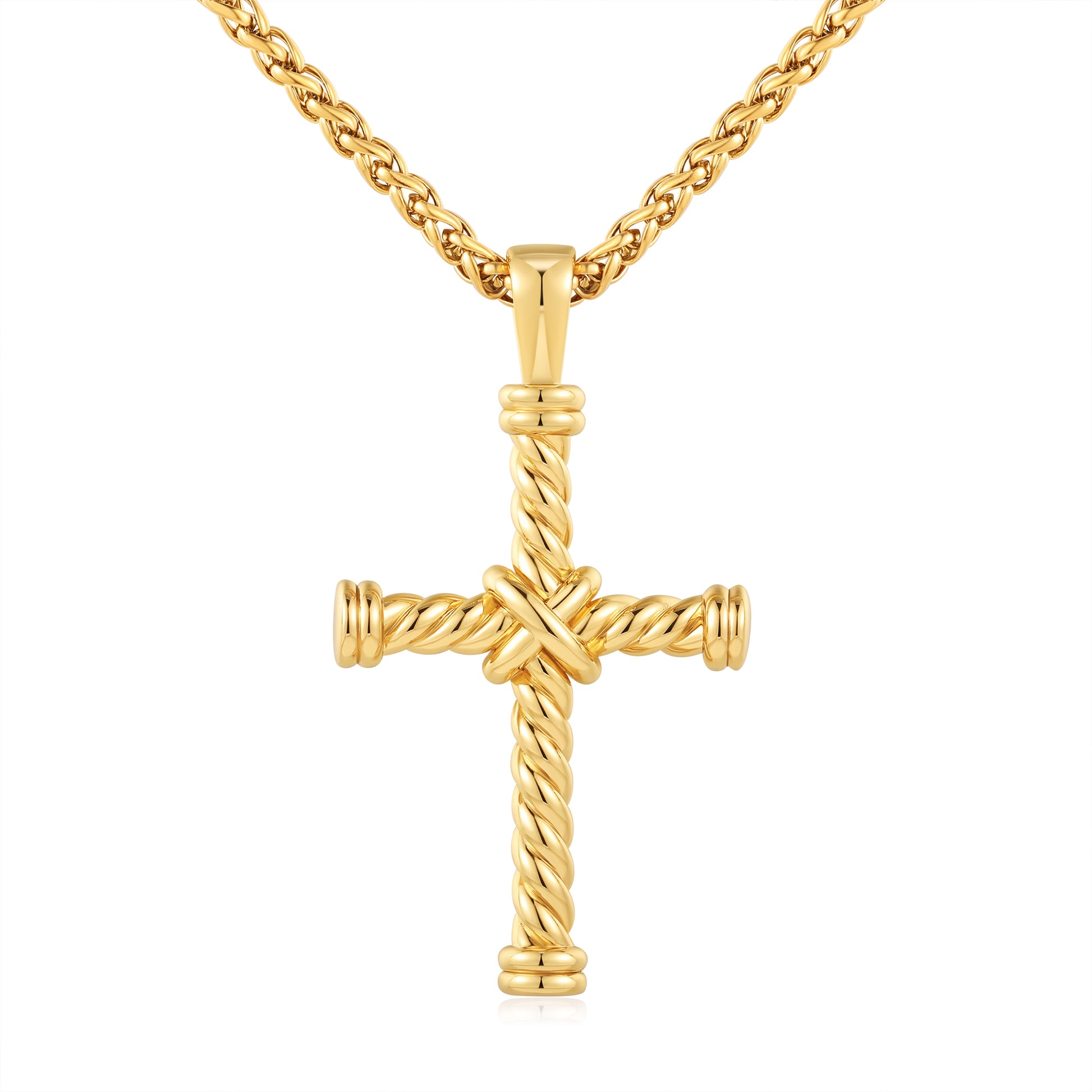 Yellow gold plated rope cross pendant with 3mm chain