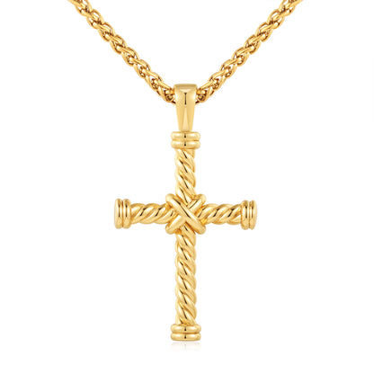 Yellow gold plated rope cross pendant with 3mm chain